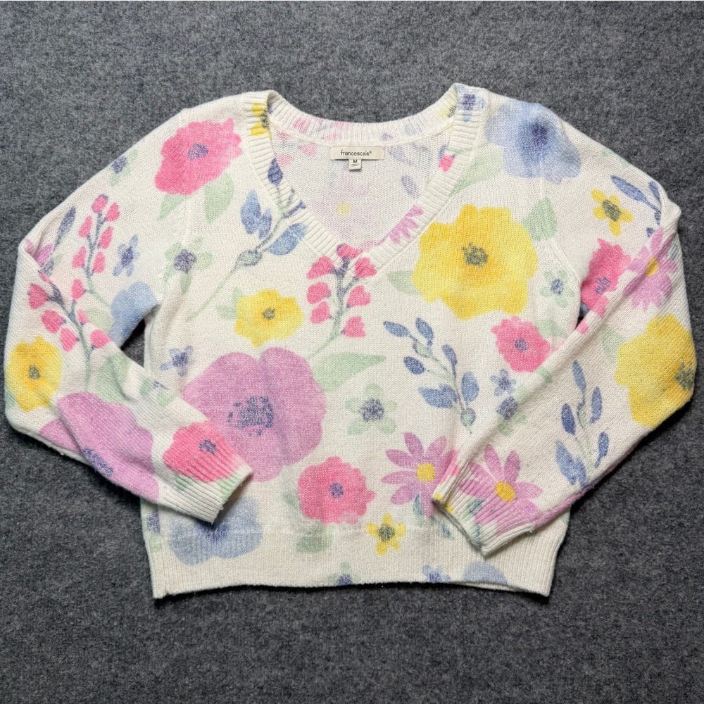 FRANCESCAS Floral V Neck Sweater White‎ Multicolor Watercolor Flower Knit Medium